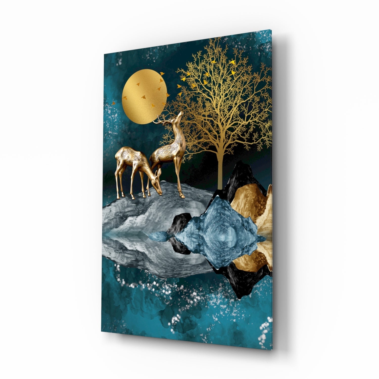 Golden Deer Teal Lake Moon Glass Wall Art