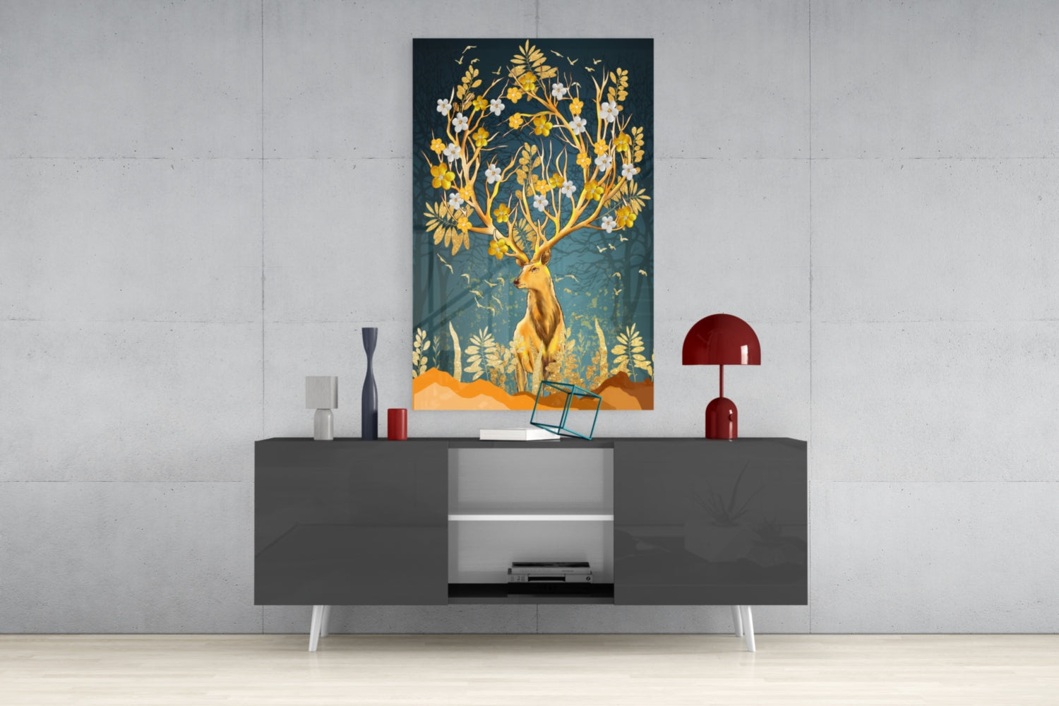 Golden Floral Antler Stag Glass Wall Art