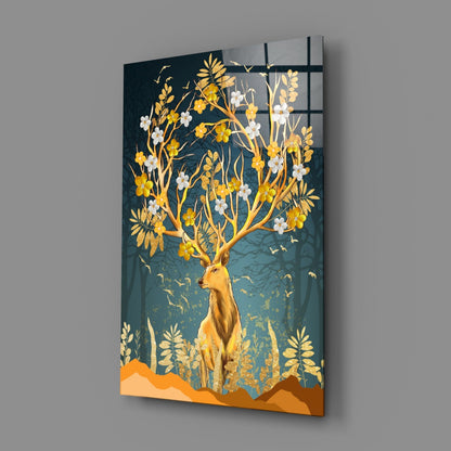 Golden Floral Antler Stag Glass Wall Art
