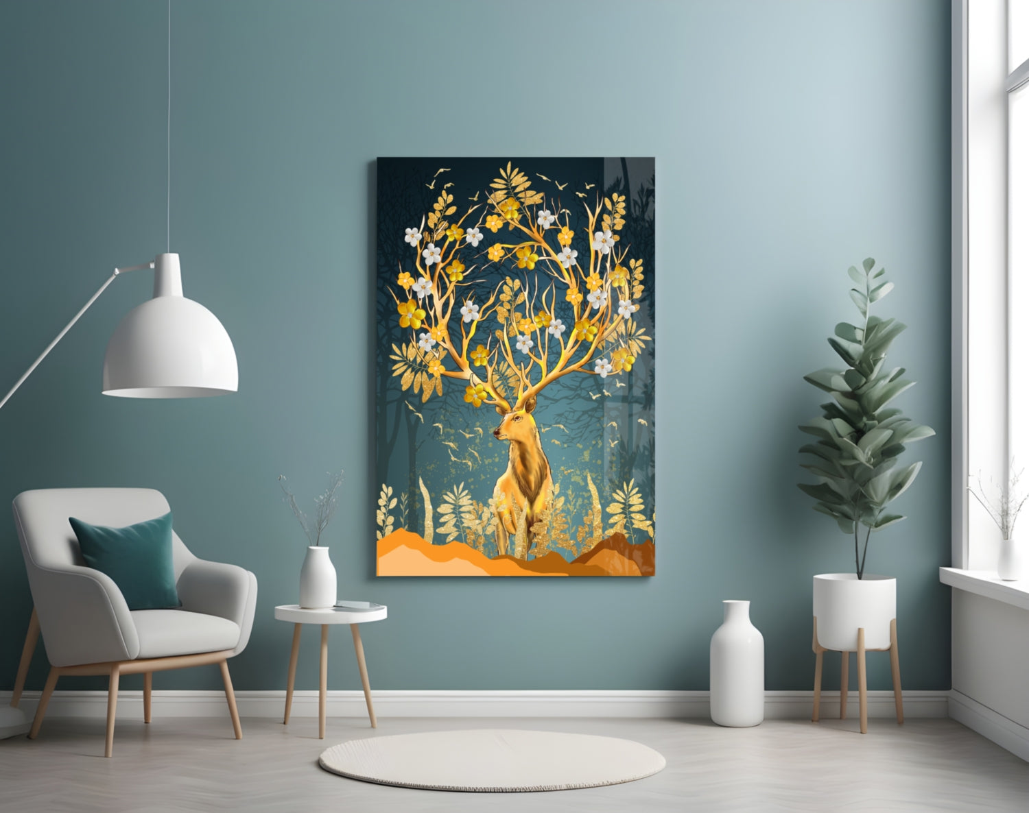 Golden Floral Antler Stag Glass Wall Art