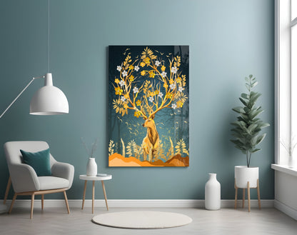 Golden Floral Antler Stag Glass Wall Art