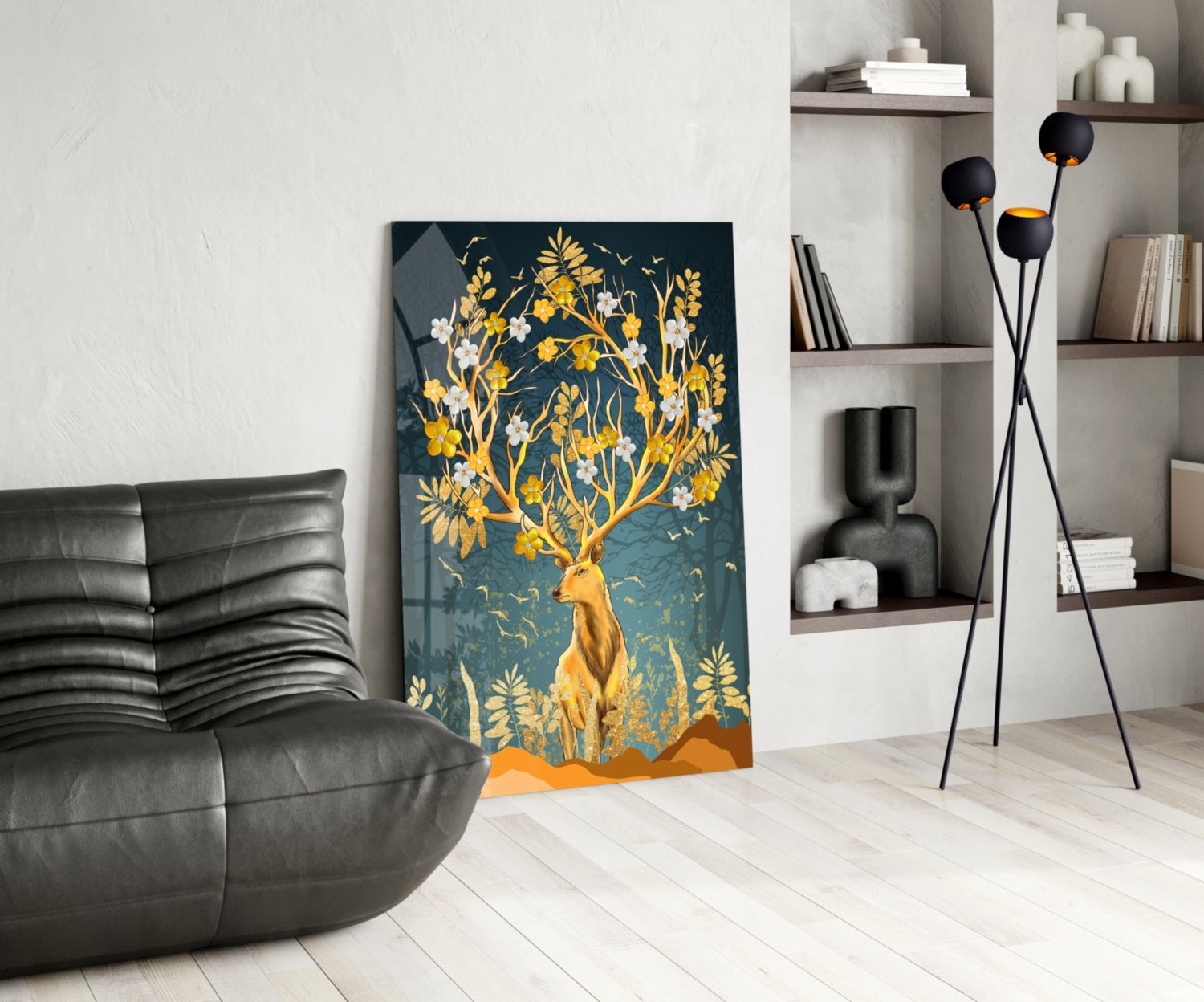 Golden Floral Antler Stag Glass Wall Art