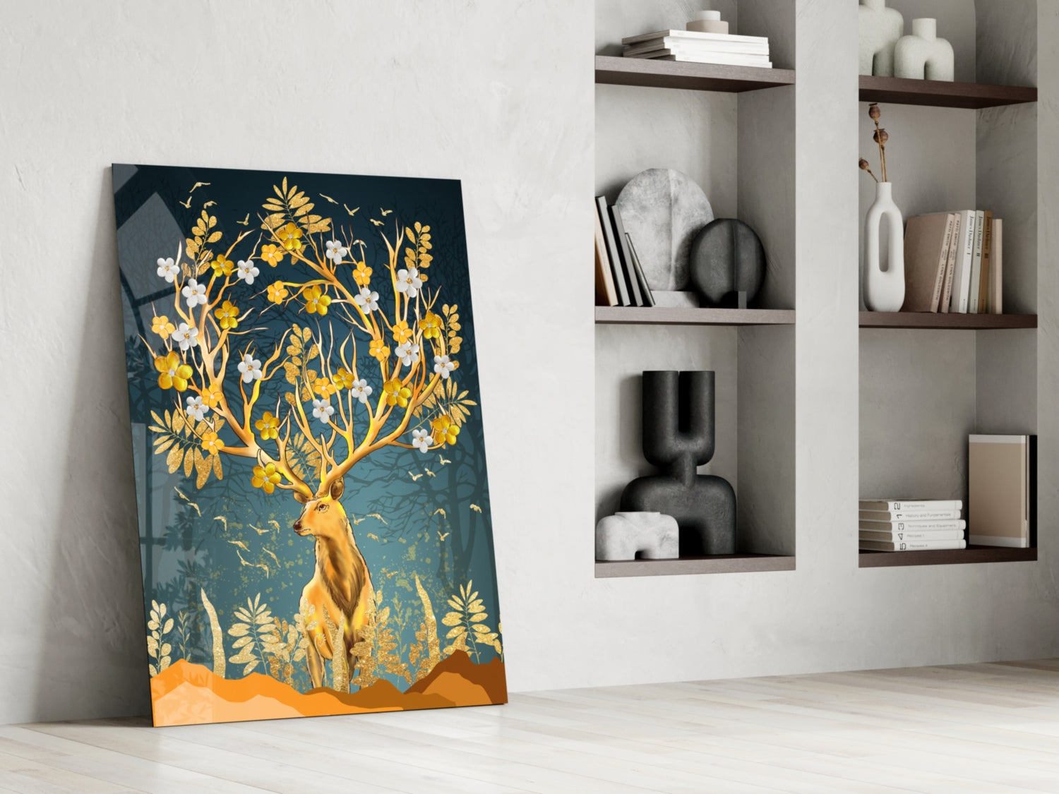 Golden Floral Antler Stag Glass Wall Art