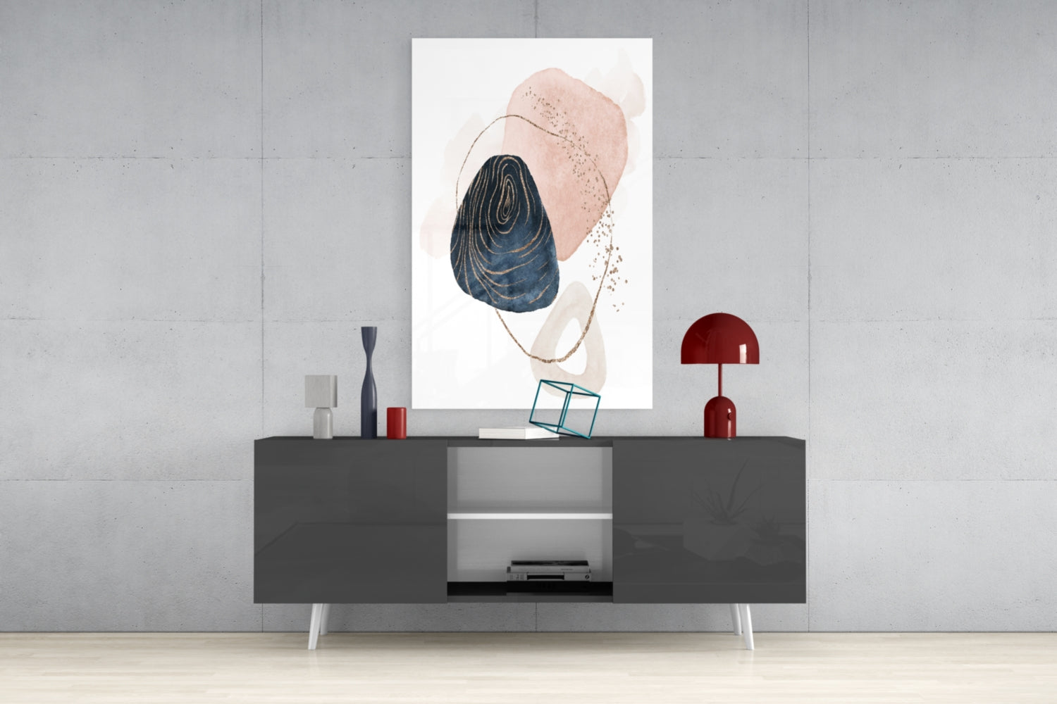 Navy and Blush Abstract Shapes Glass Wall Art