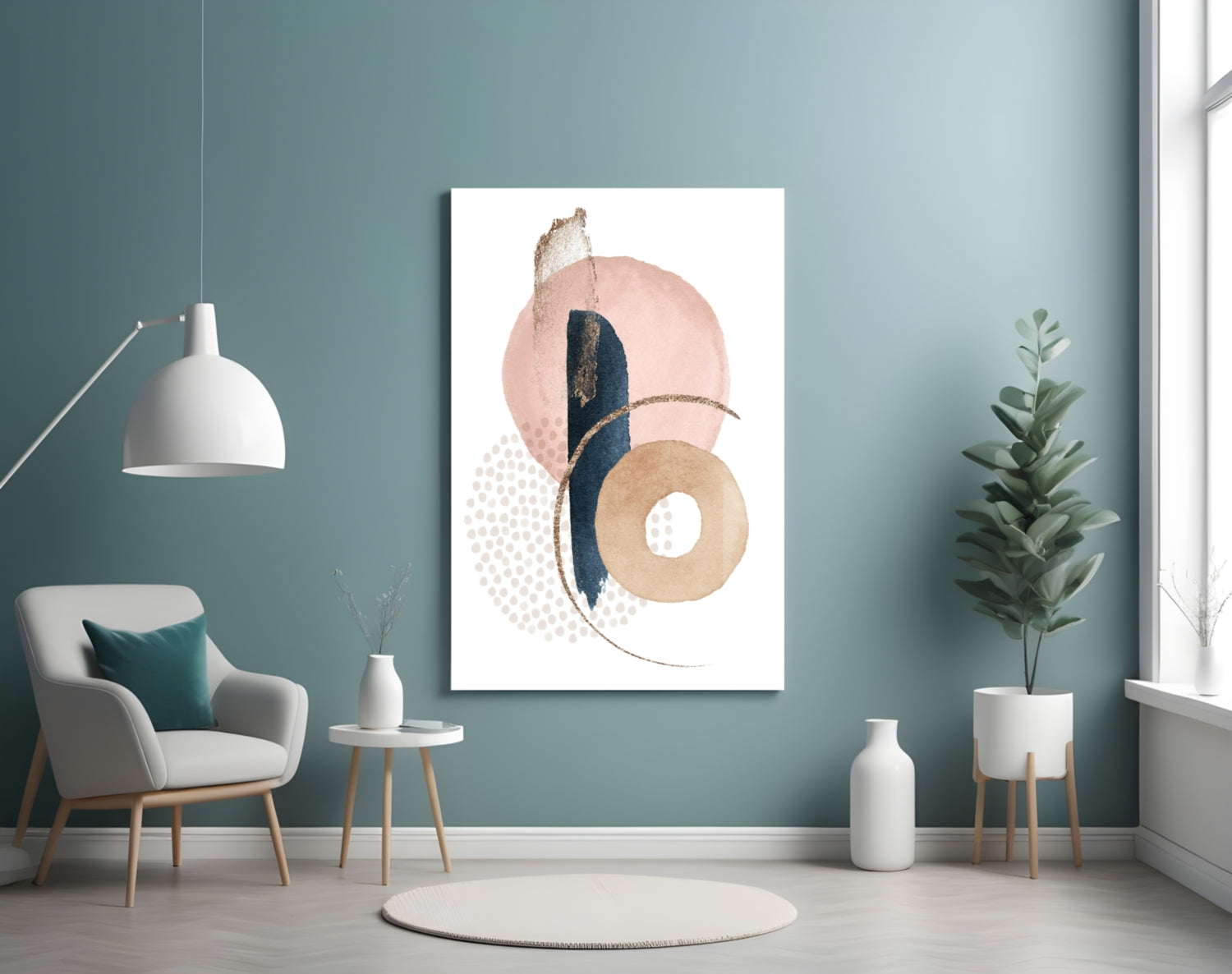 Blush Navy Gold Ring Dots Glass Wall Art