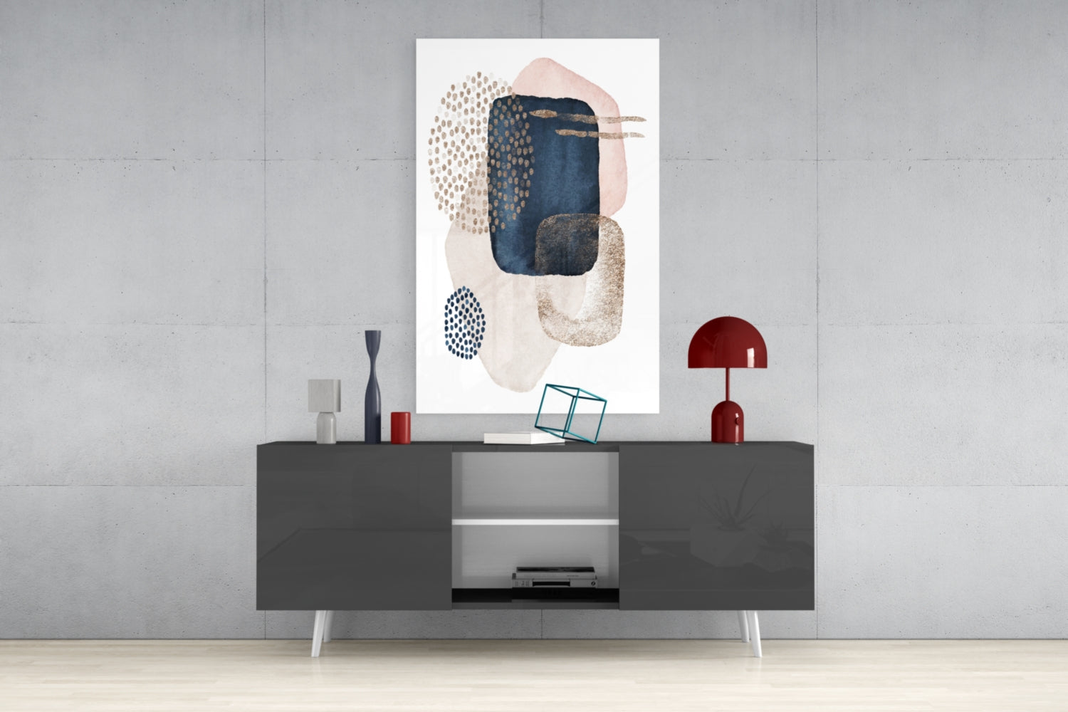 Navy Blush Gold Dotted Circles Glass Wall Art