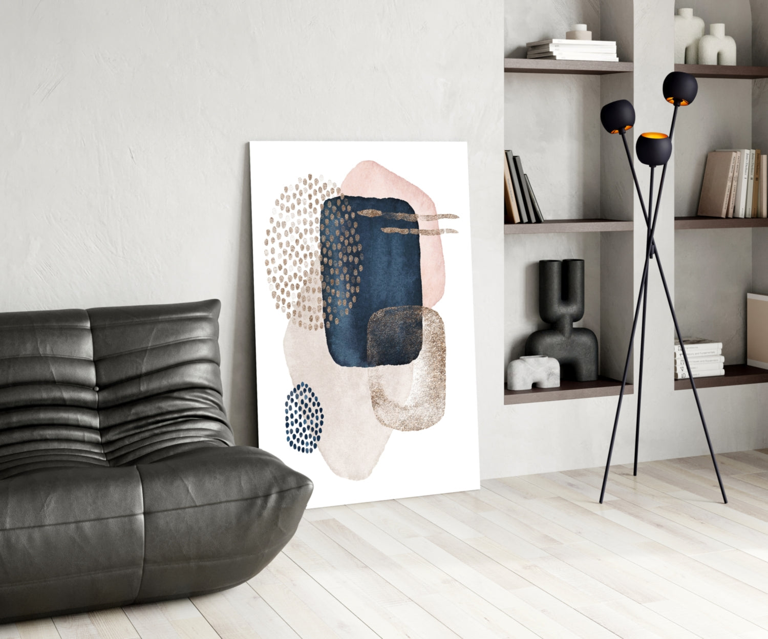 Navy Blush Gold Dotted Circles Glass Wall Art