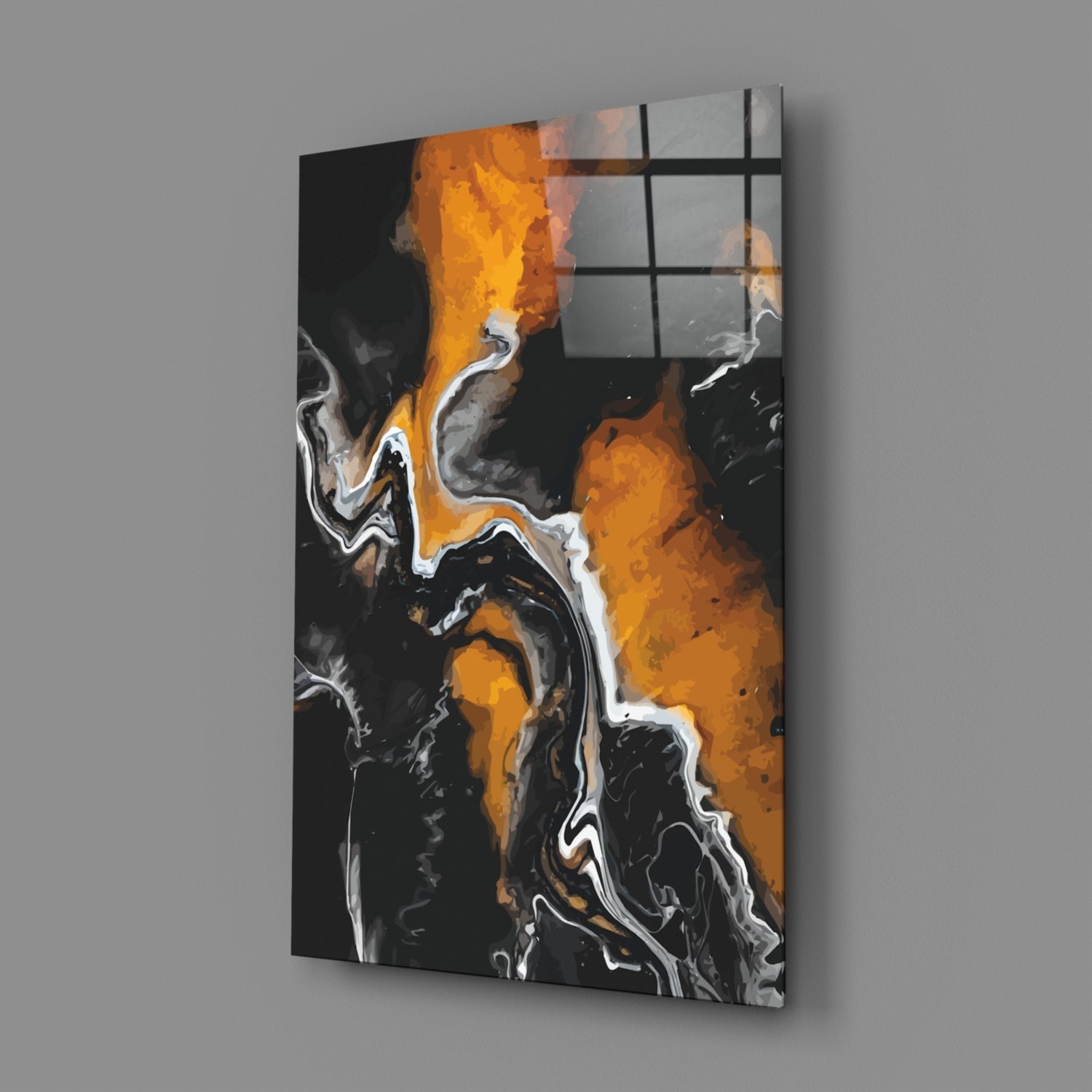 Orange Flame Black Fluid Glass Wall Art