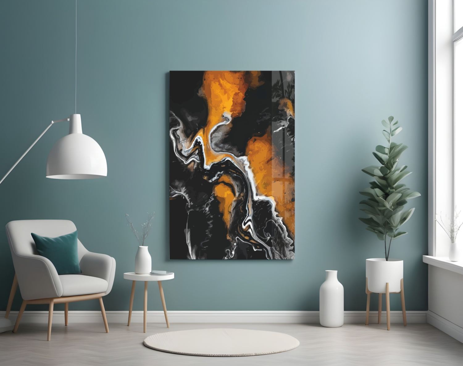 Orange Flame Black Fluid Glass Wall Art