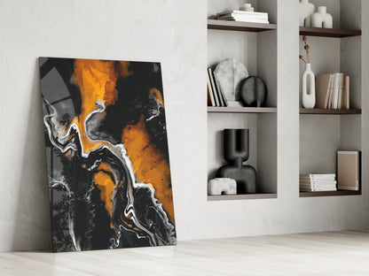 Orange Flame Black Fluid Glass Wall Art