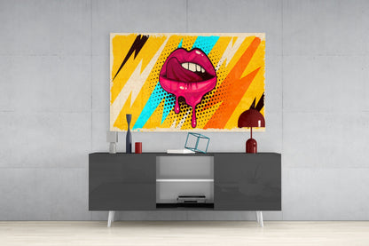Pop Art Dripping Lips With Lightning Bolts Glass Wall Art
