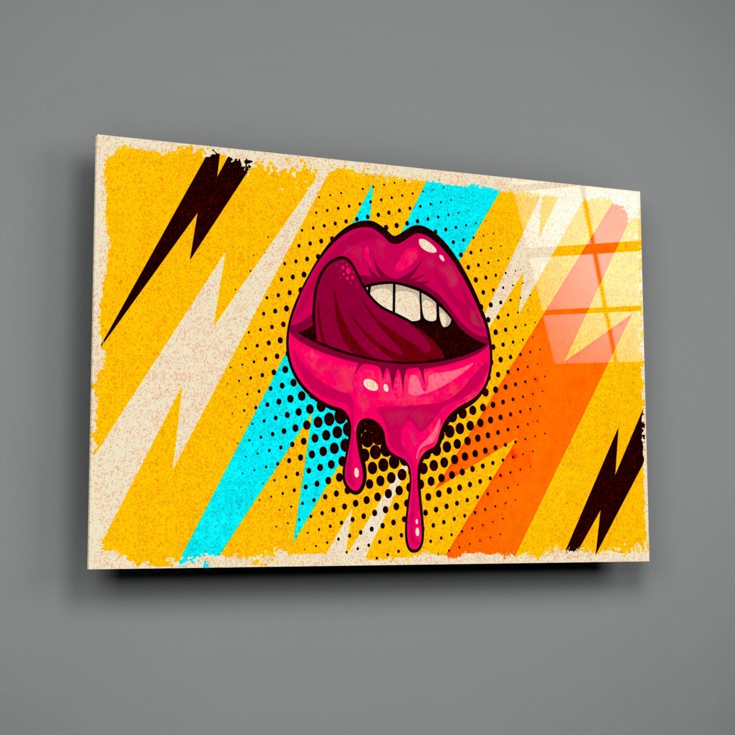 Pop Art Dripping Lips With Lightning Bolts Glass Wall Art