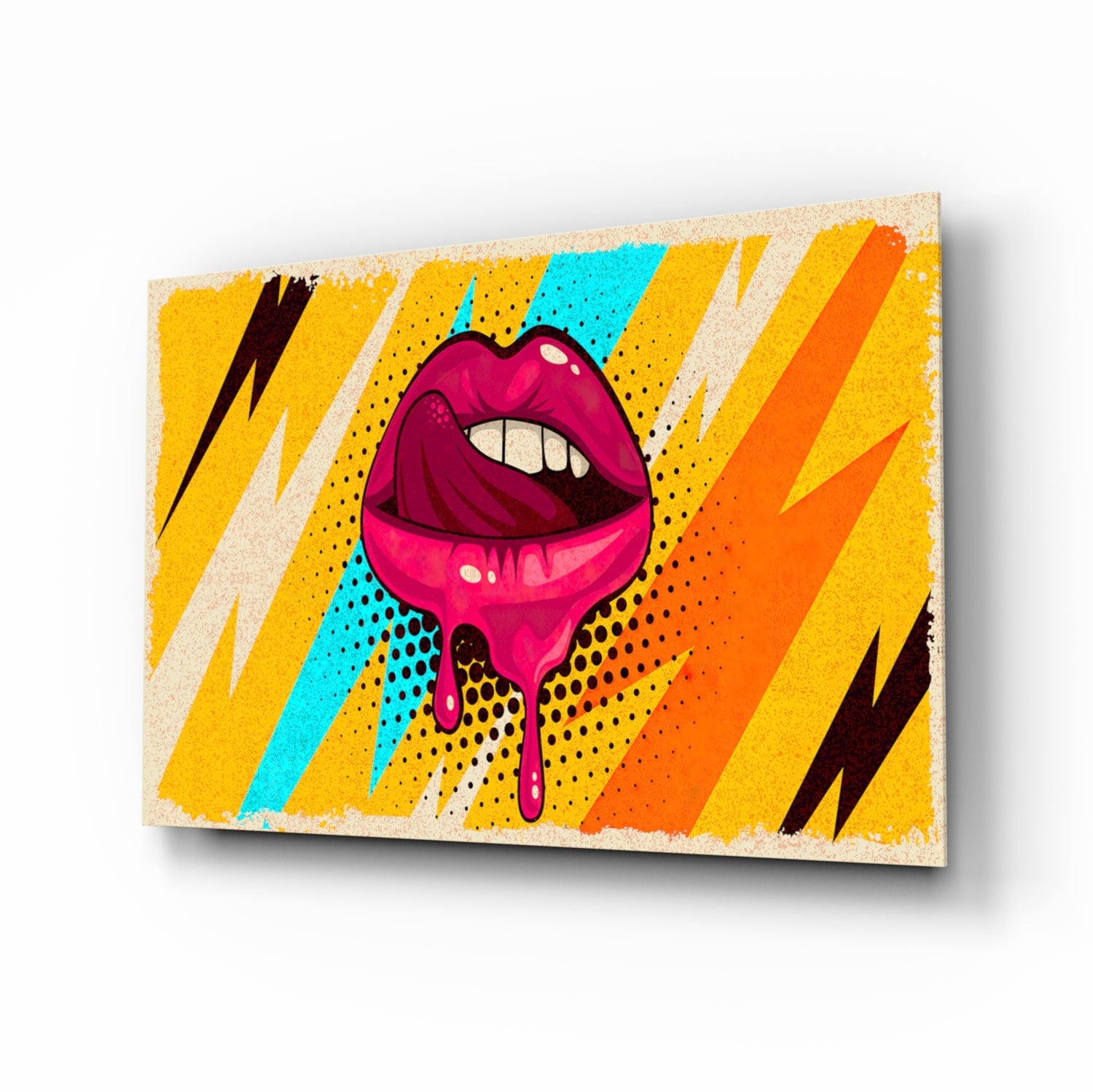 Pop Art Dripping Lips With Lightning Bolts Glass Wall Art
