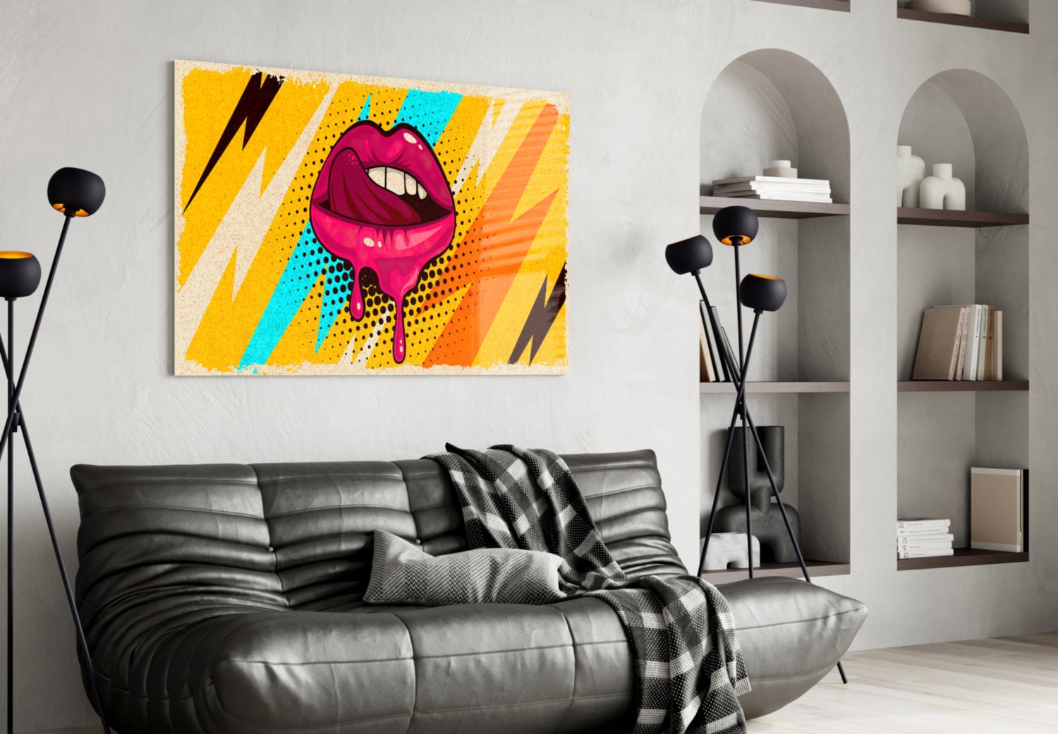 Pop Art Dripping Lips With Lightning Bolts Glass Wall Art
