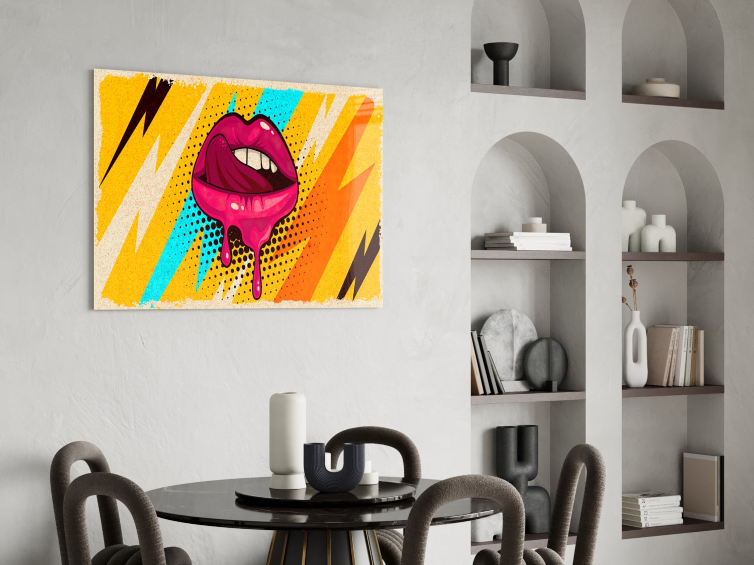 Pop Art Dripping Lips With Lightning Bolts Glass Wall Art