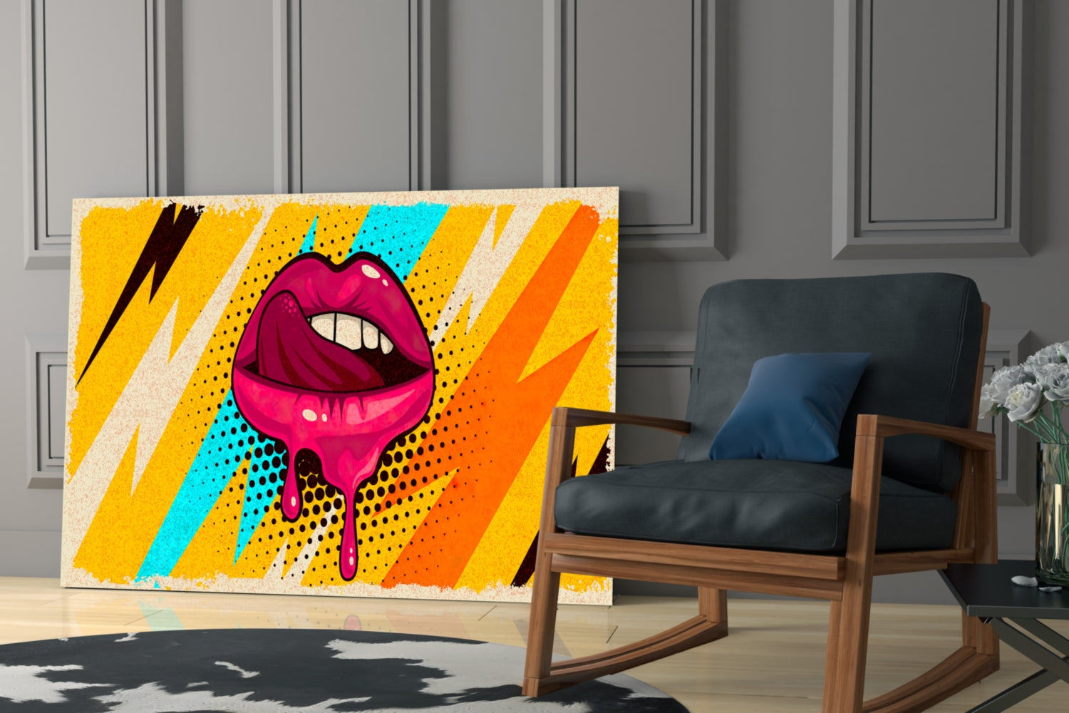 Pop Art Dripping Lips With Lightning Bolts Glass Wall Art