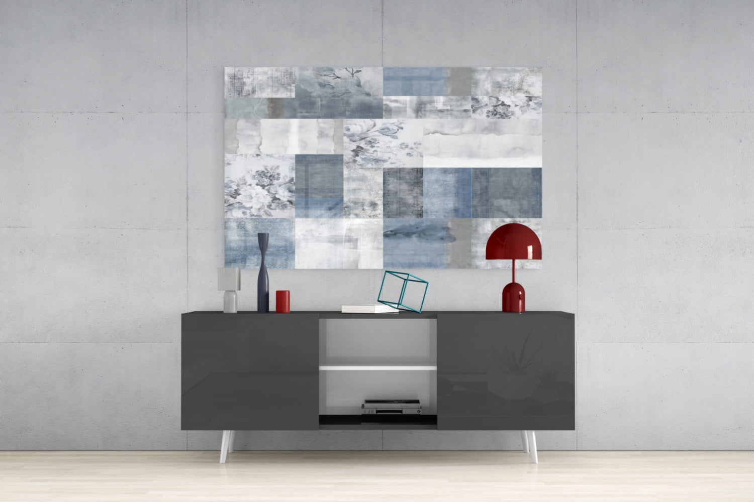 Blue Geometric Patchwork Glass Wall Art