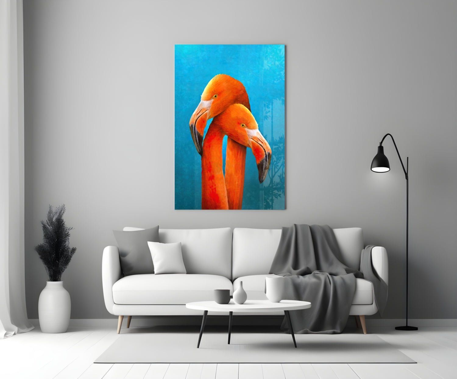Turquoise Backdrop Orange Flamingo Pair Glass Wall Art