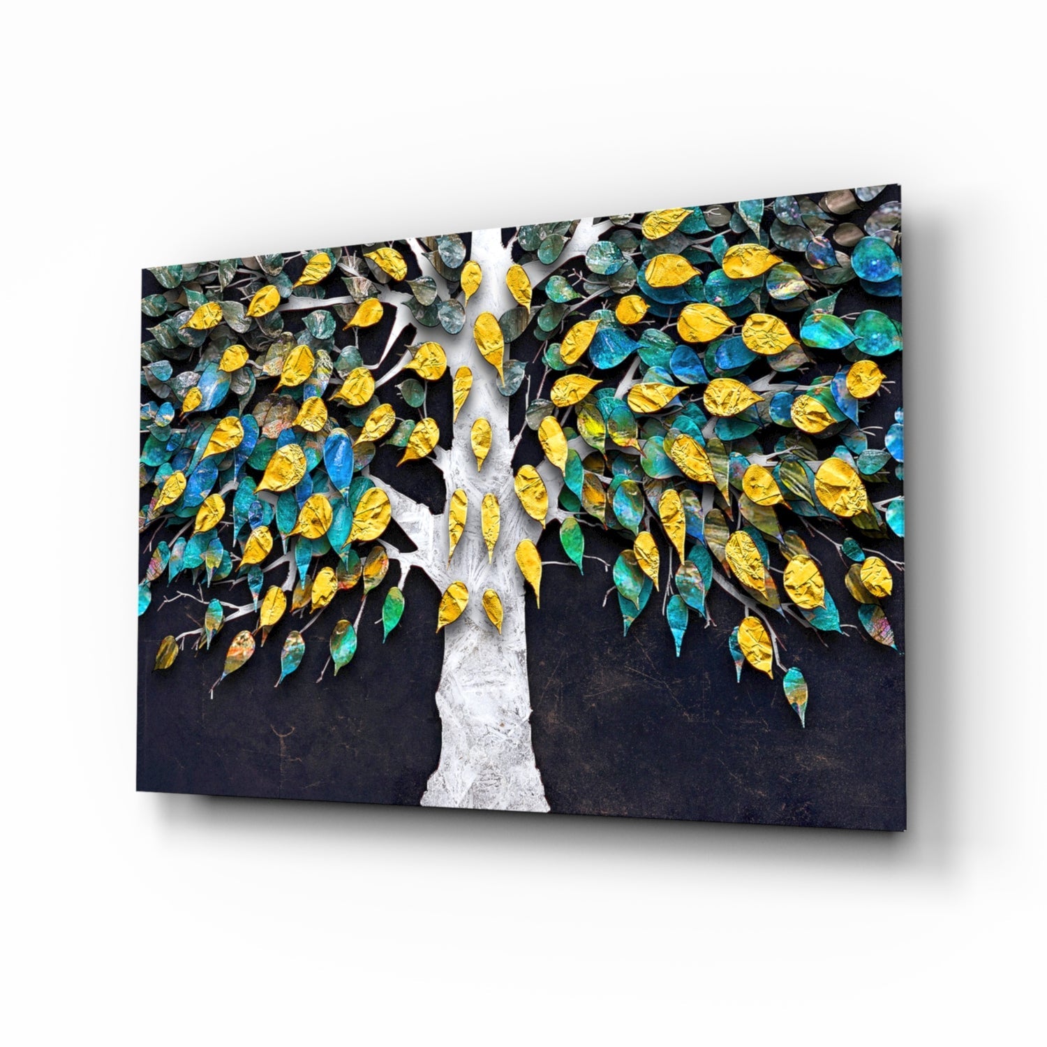 Teal And Gold Leaves White Trunk Tree of Life Glass Wall Art