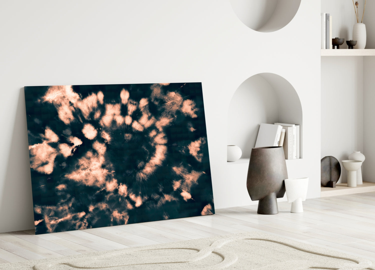 Peach Dandelion Spiral Navy Glass Wall Art
