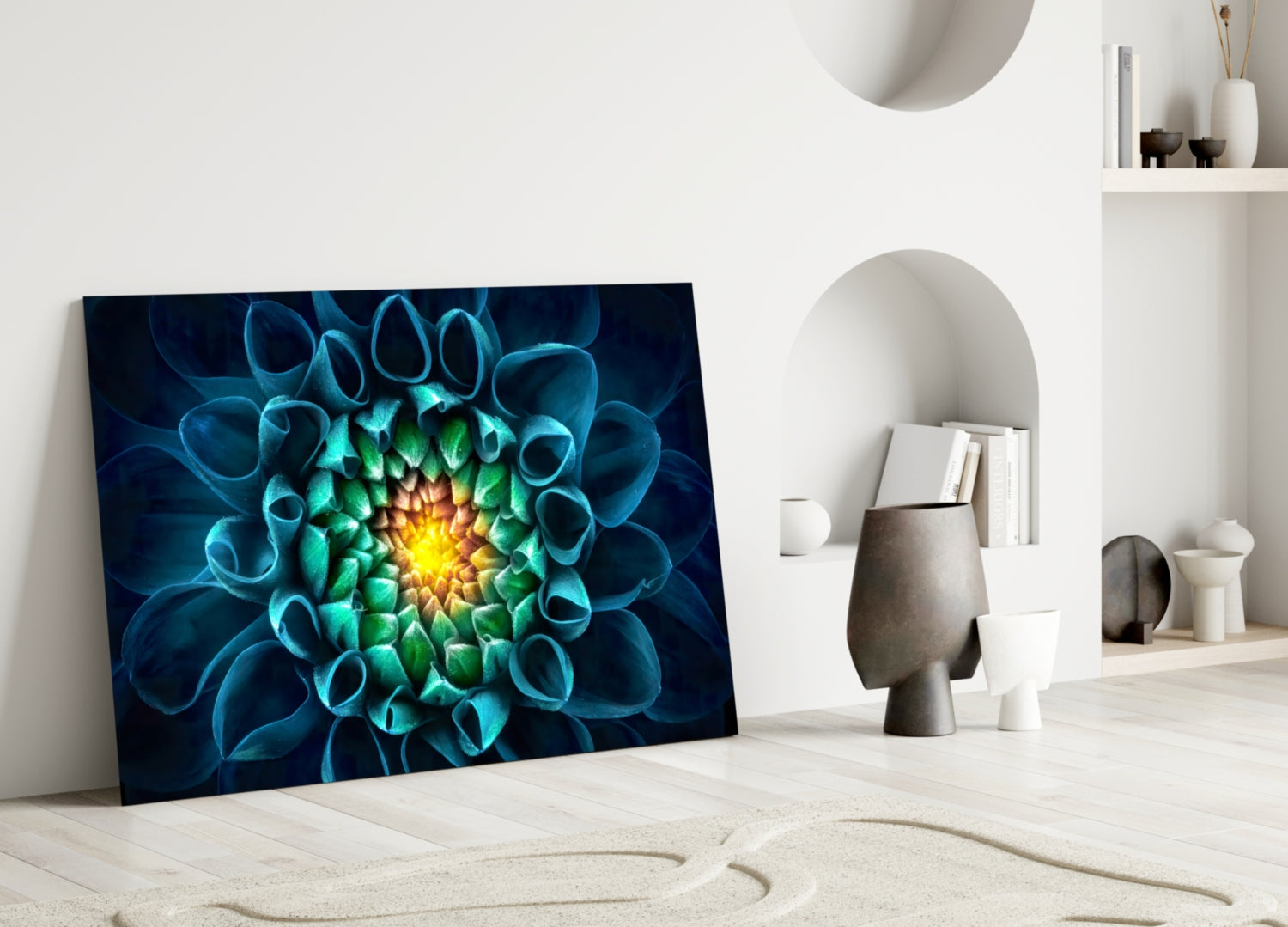 Glowing Teal Dahlia Glass Wall Art