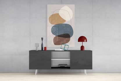 Stacked Pebbles Blue Tan Outline Glass Wall Art