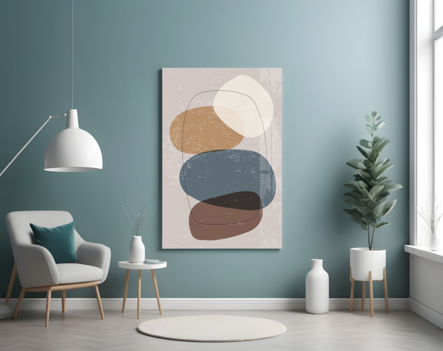Stacked Pebbles Blue Tan Outline Glass Wall Art