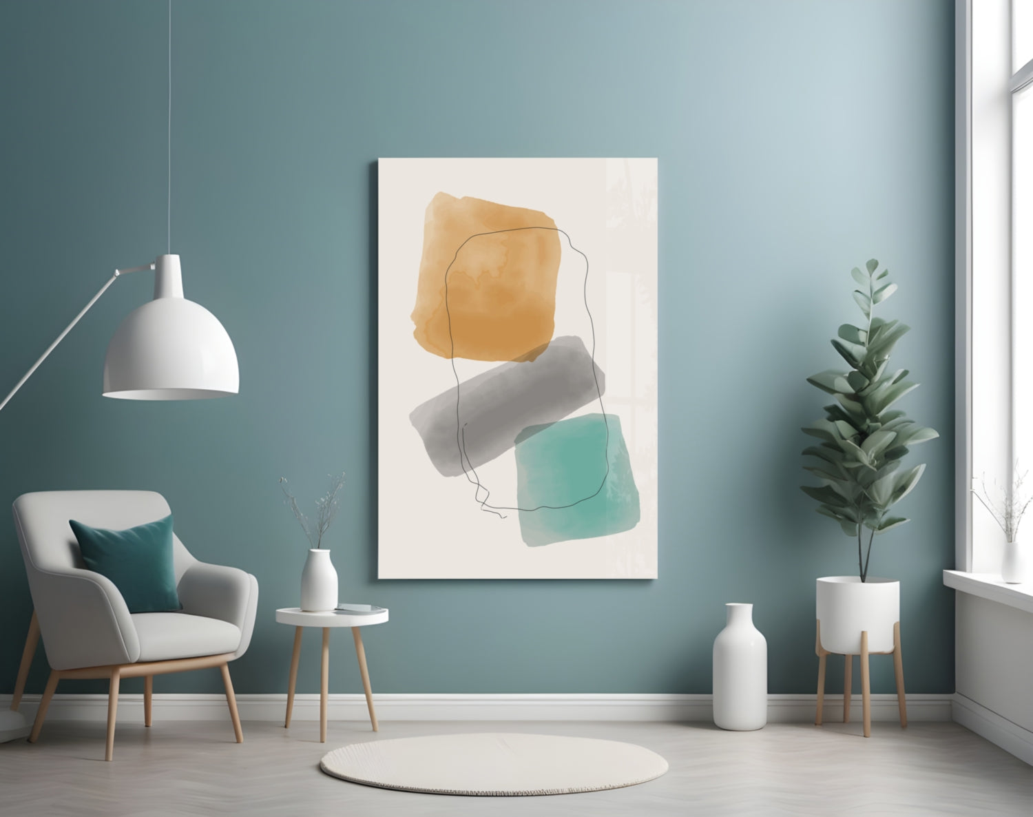 Ochre Grey Teal Watercolor Blocks Glass Wall Art