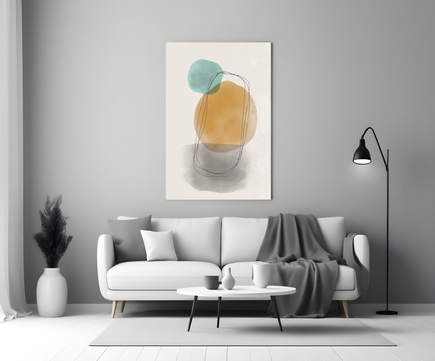 Teal Ochre Circles Line Loop Glass Wall Art