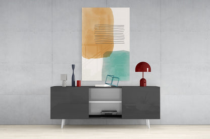 Ochre Teal Blocks Line Stripes Glass Wall Art