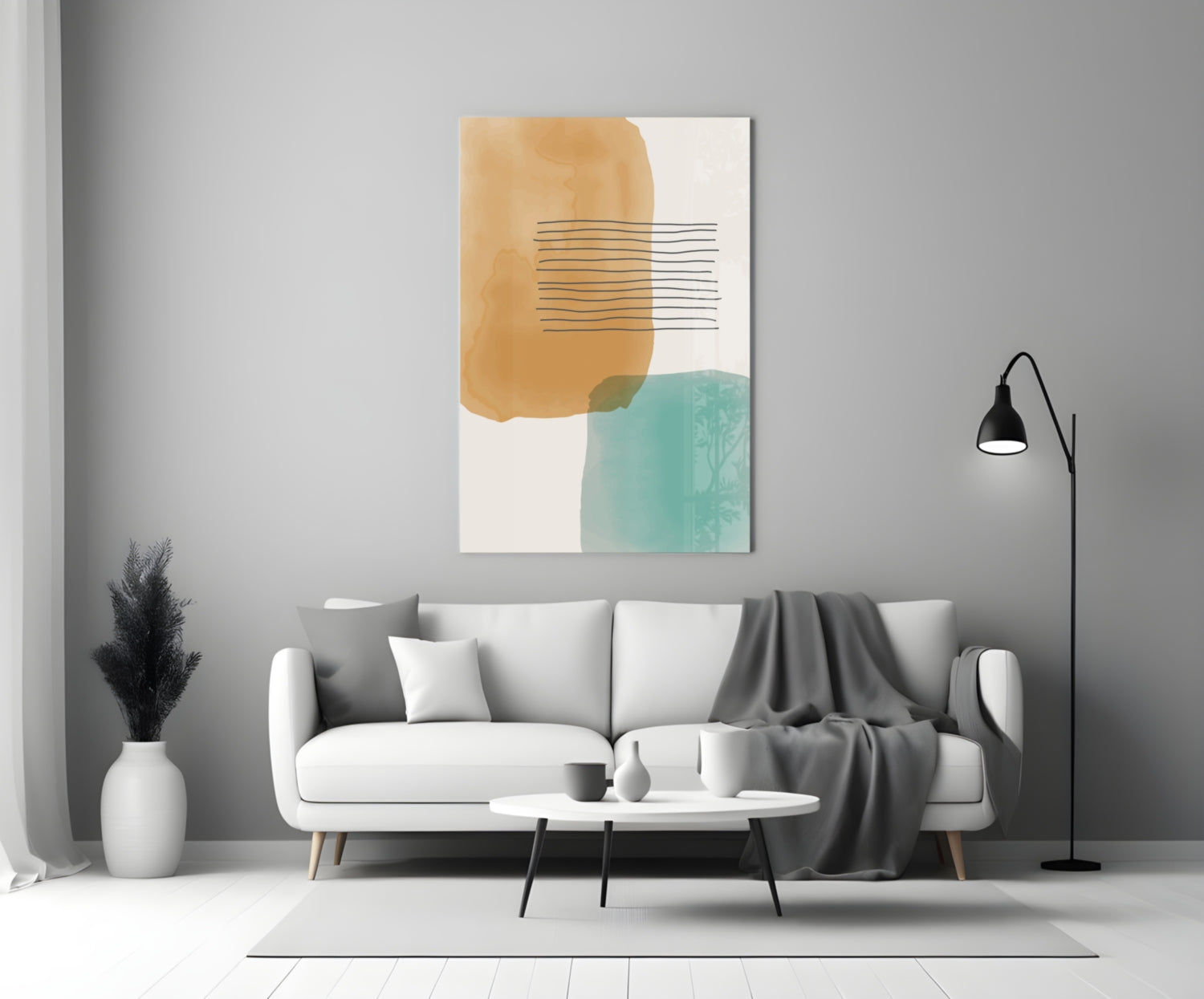 Ochre Teal Blocks Line Stripes Glass Wall Art