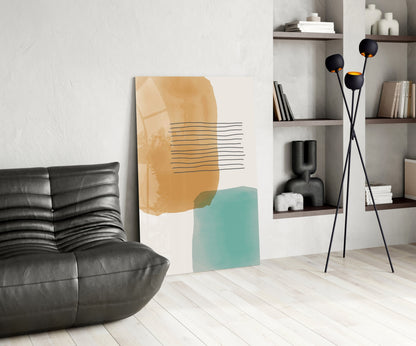 Ochre Teal Blocks Line Stripes Glass Wall Art