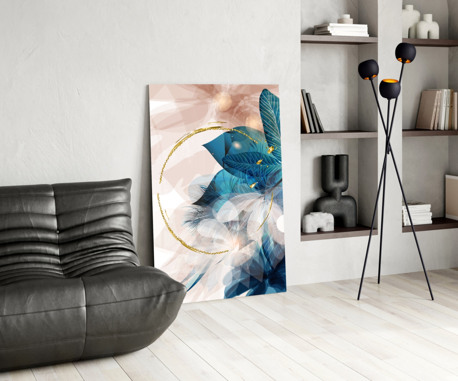 Gold Ring and Teal Feather Blooms Glass Wall Art