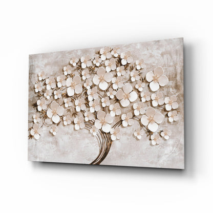 Cream Petals Beige Blossom Tree of Life Glass Wall Art