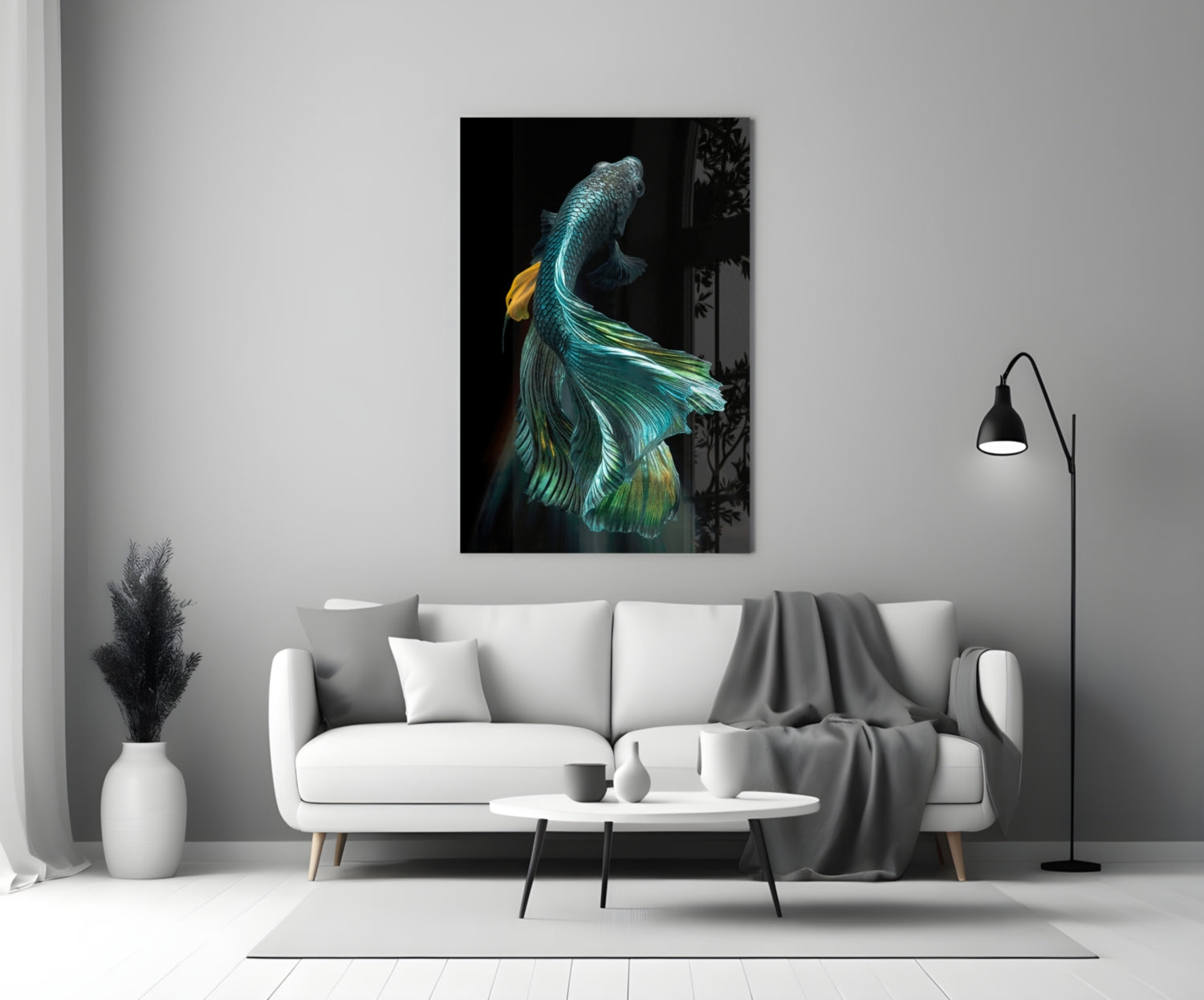 Teal and Gold Betta Fish on Black Glass Wall Art