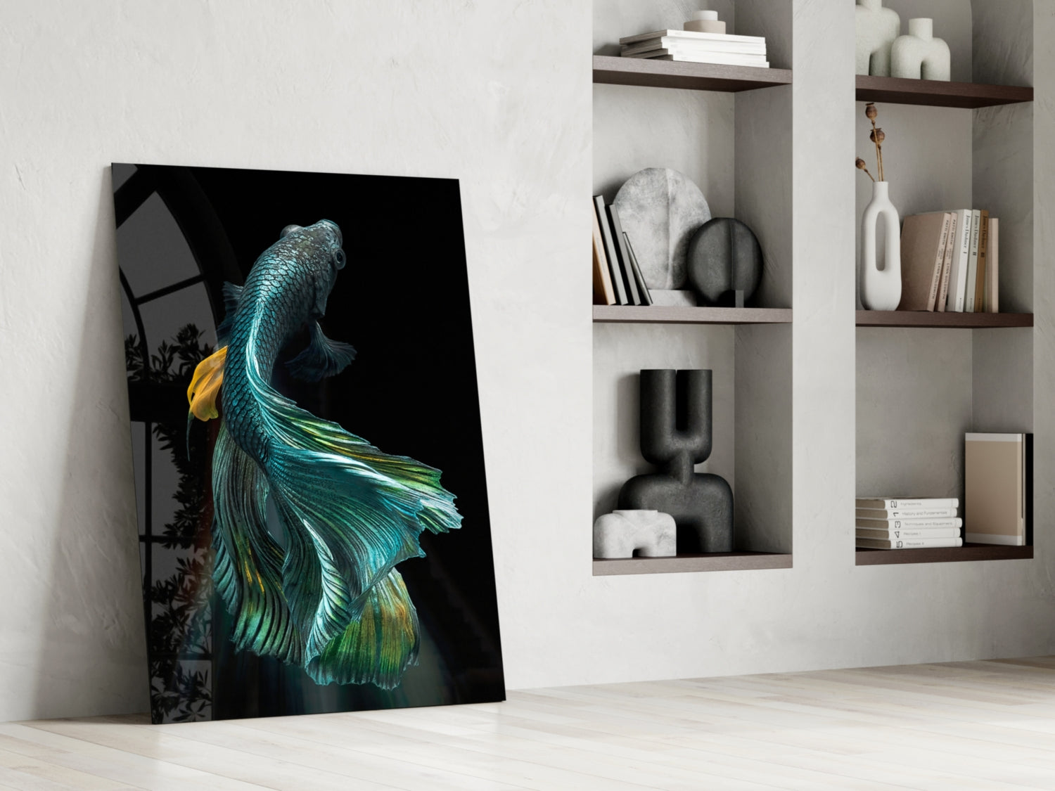 Teal and Gold Betta Fish on Black Glass Wall Art