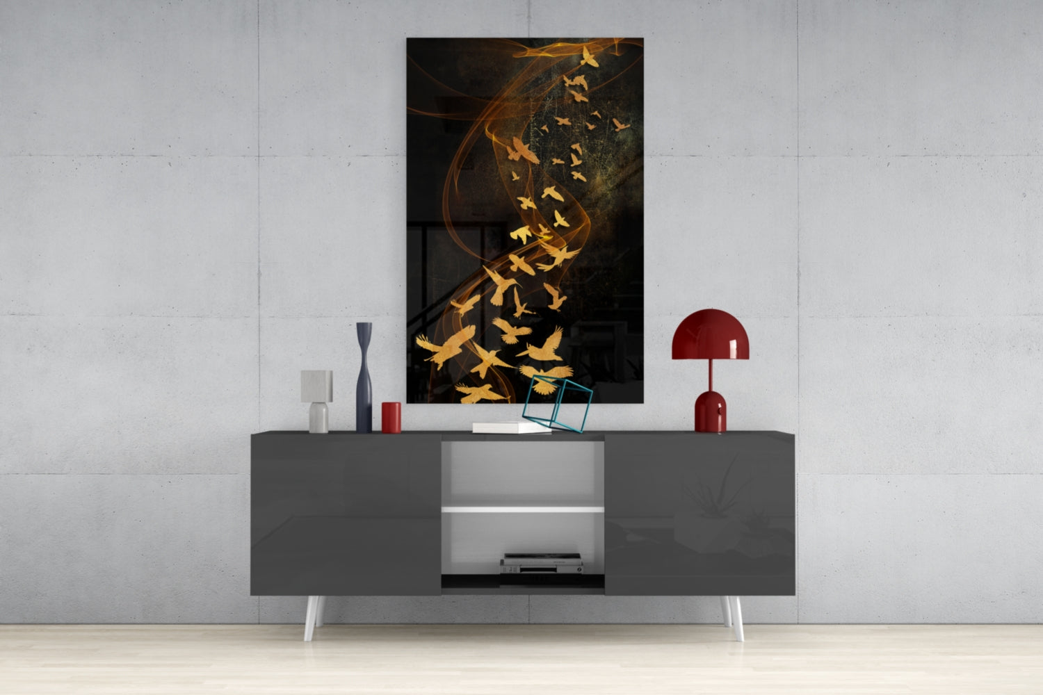 Golden Birds Flying Over Dark Ribbons Glass Wall Art
