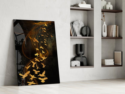 Golden Birds Flying Over Dark Ribbons Glass Wall Art