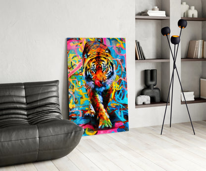 Vibrant Graffiti Tiger Glass Wall Art