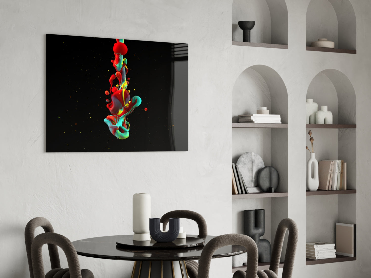 Red Teal Splash on Black Glass Wall Art