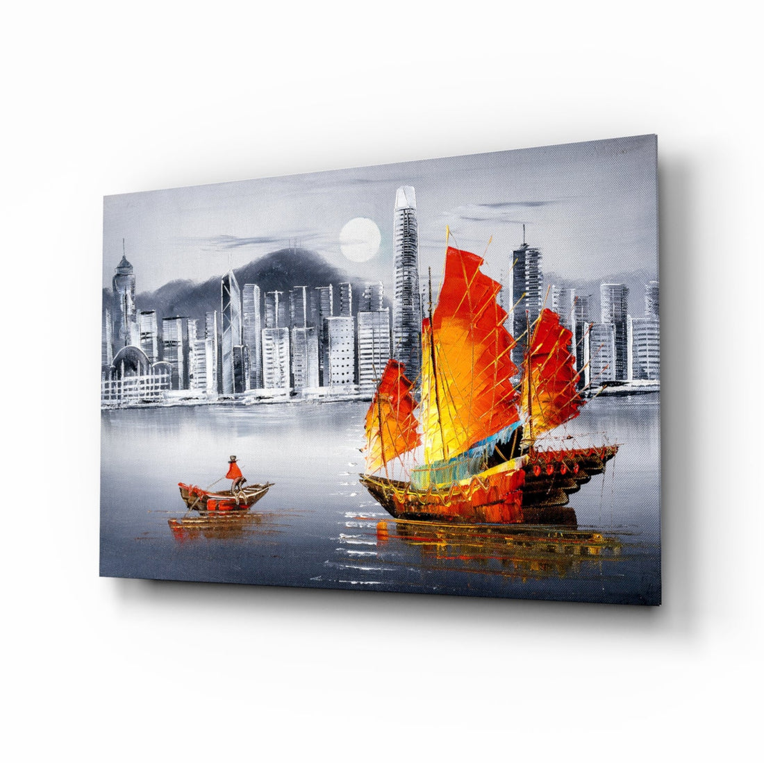 Red Sail Junk Boat Gray Skyline Glass Wall Art
