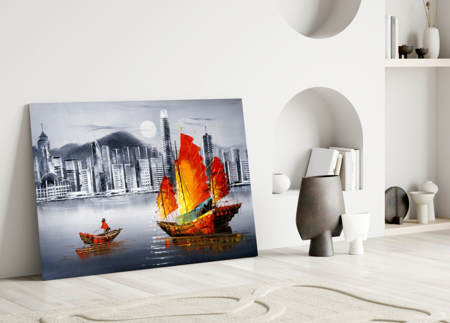 Red Sail Junk Boat Gray Skyline Glass Wall Art