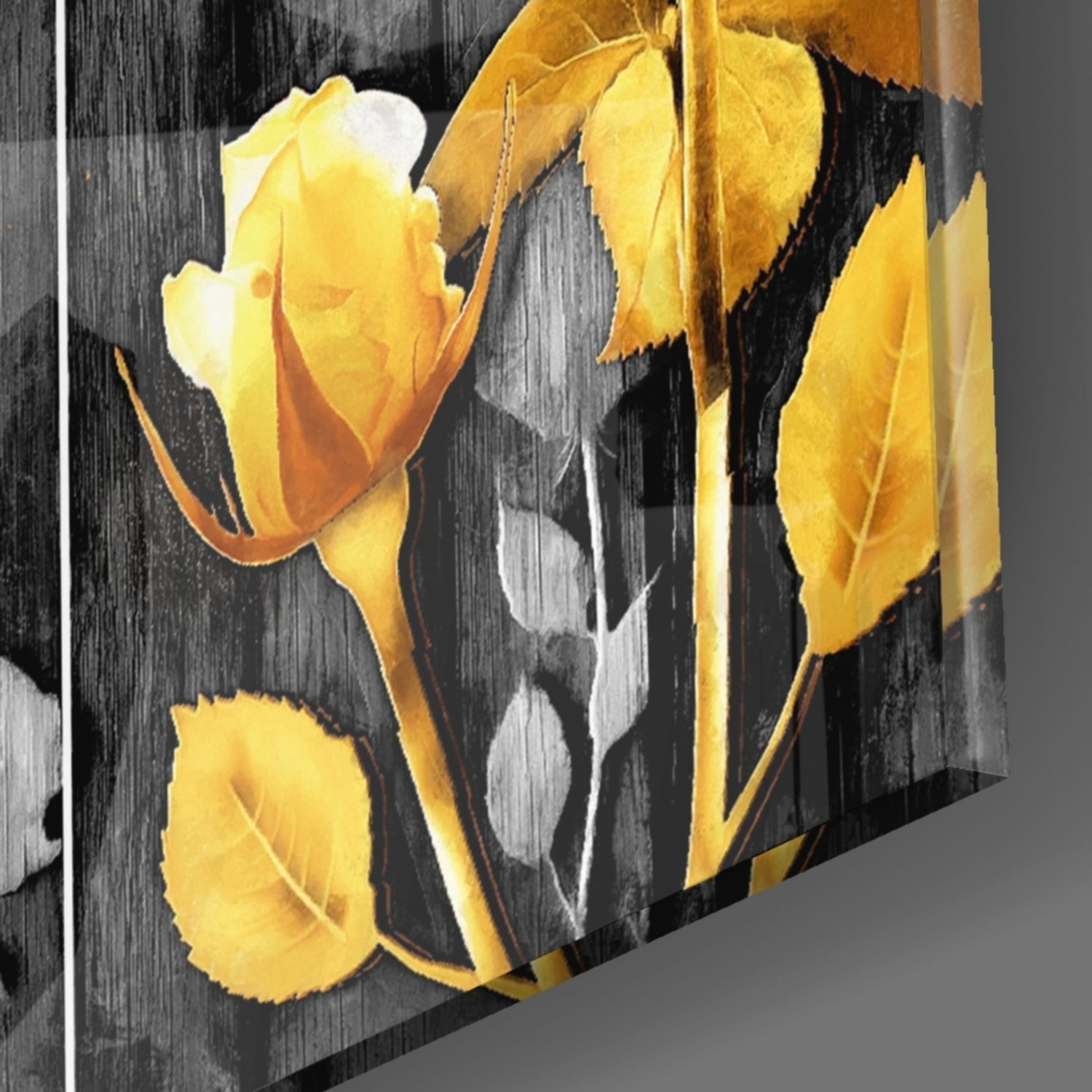 Golden Roses Gray Wood Triptych Glass Wall Art