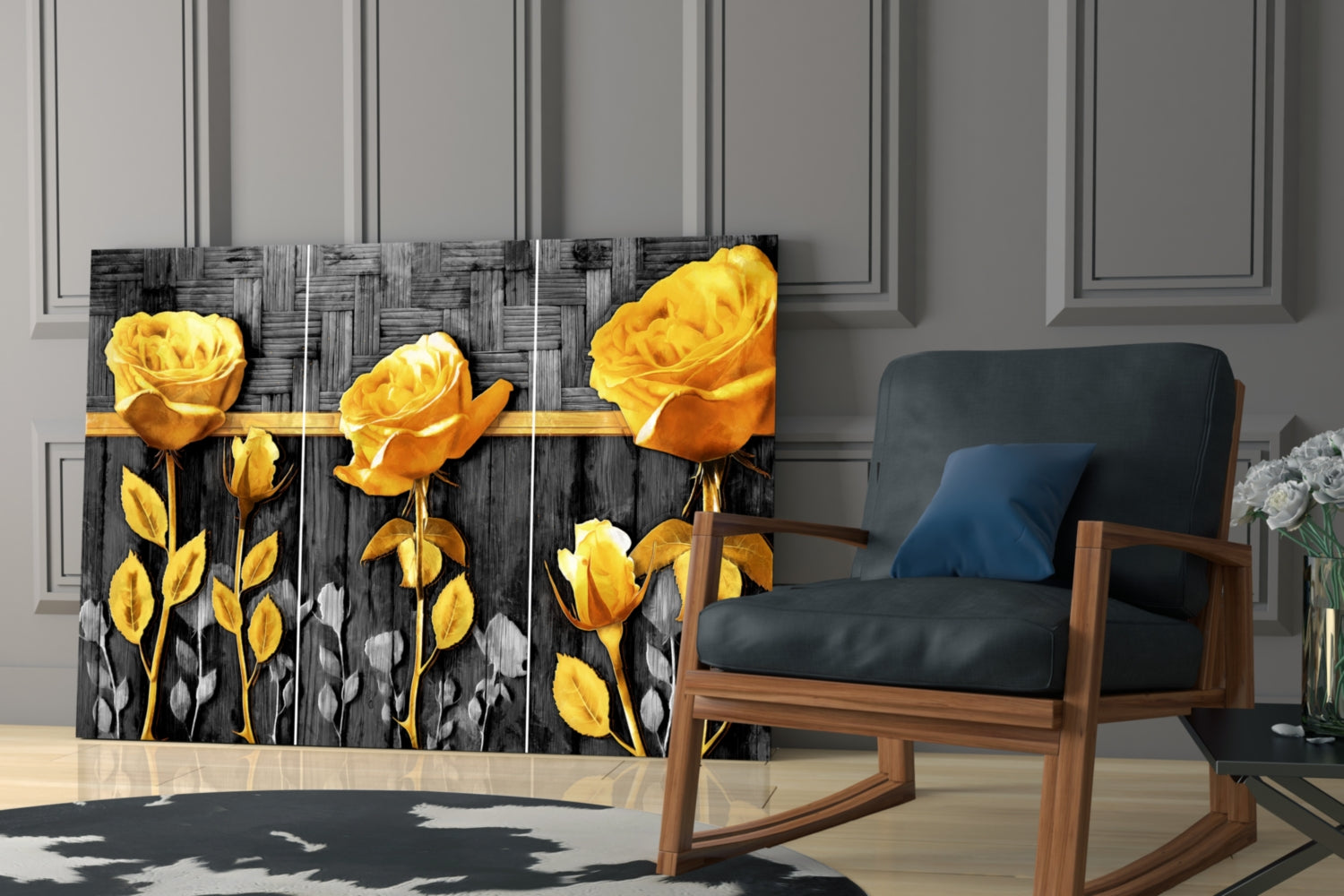 Golden Roses Gray Wood Triptych Glass Wall Art