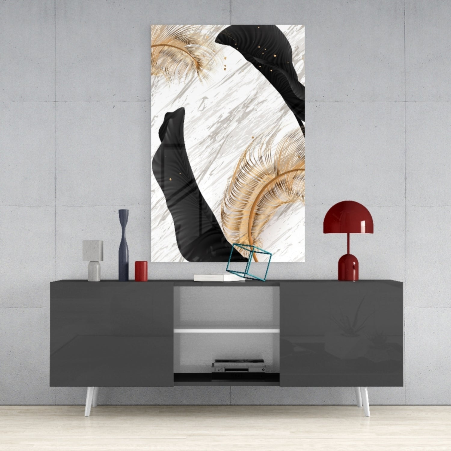 Gold Feather Black Leaf Marble Glass Wall Art
