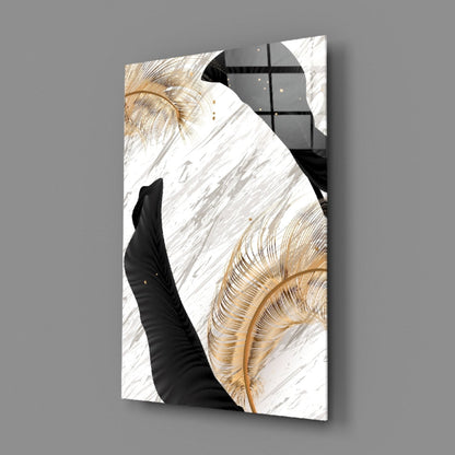 Gold Feather Black Leaf Marble Glass Wall Art