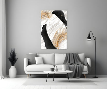 Gold Feather Black Leaf Marble Glass Wall Art