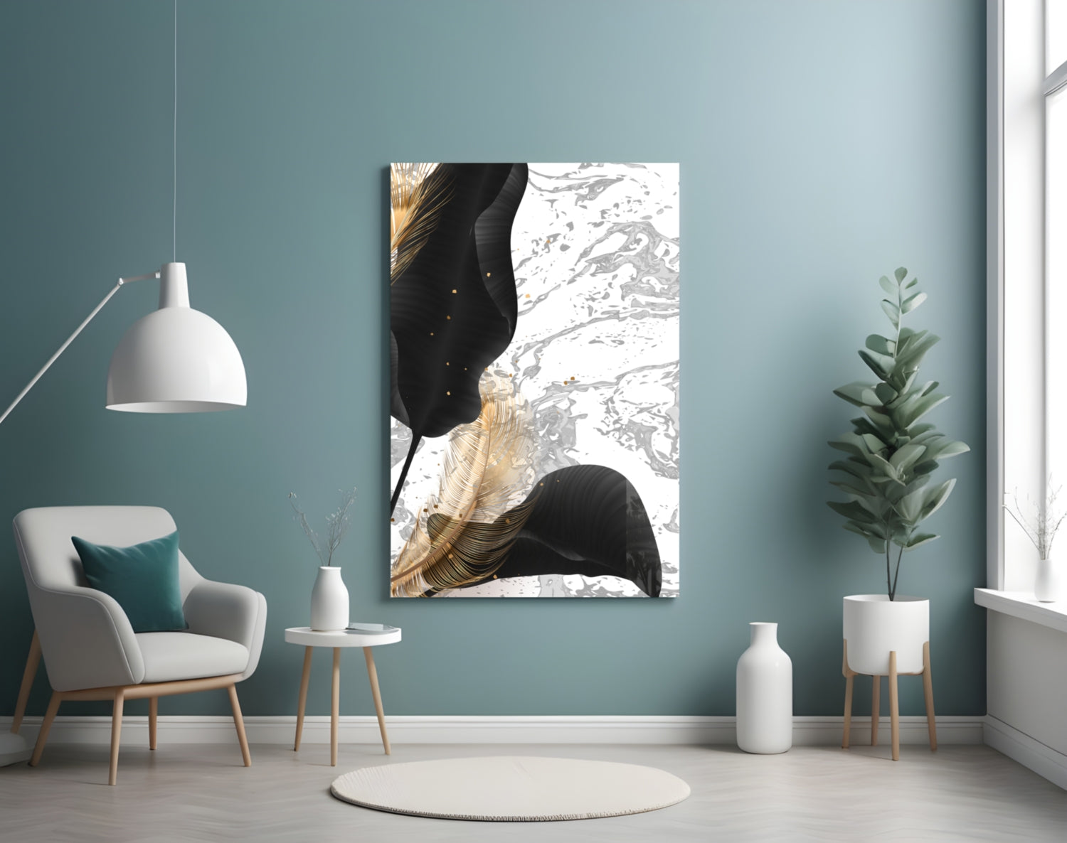 Black Gold Leaf Marble Glass Wall Art