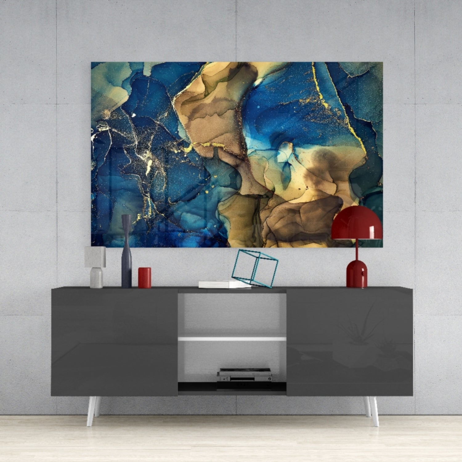 Blue Gold Ink Currents Glass Wall Art