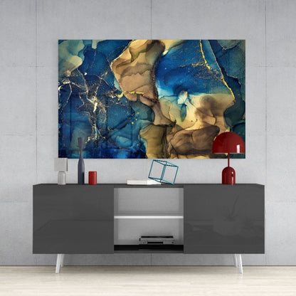 Blue Gold Ink Currents Glass Wall Art